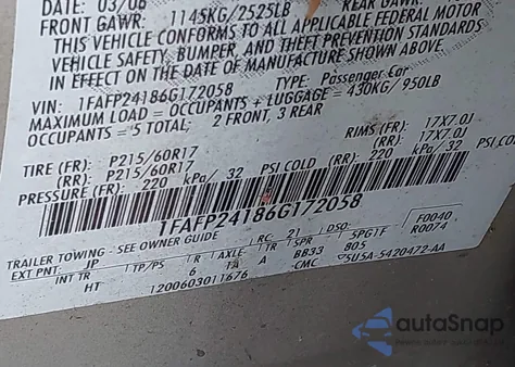 2006 Ford Five Hundred Sel z USA, uszkodzony, nr VIN 1FAFP24186G172058